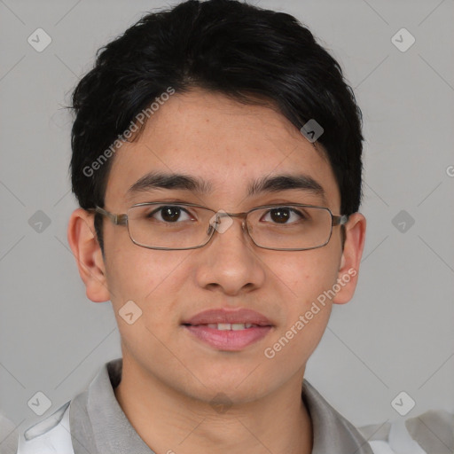 Joyful asian young-adult male with short  brown hair and brown eyes