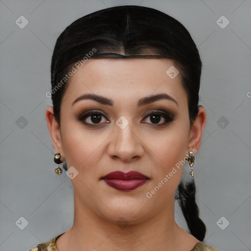 Joyful white young-adult female with medium  brown hair and brown eyes