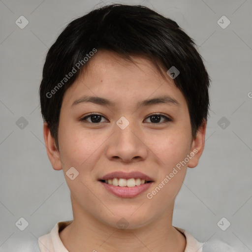 Joyful asian young-adult female with short  brown hair and brown eyes