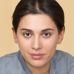 Neutral white young-adult female with short  brown hair and brown eyes