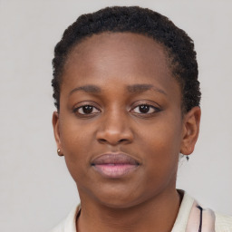 Neutral black young-adult female with short  brown hair and brown eyes