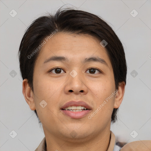 Joyful asian young-adult male with short  brown hair and brown eyes