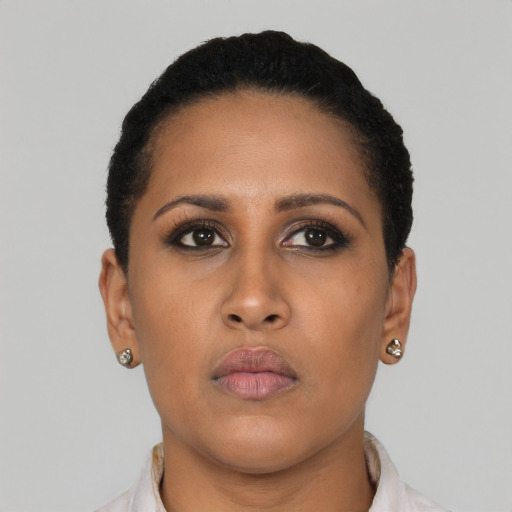Neutral latino young-adult female with short  brown hair and brown eyes