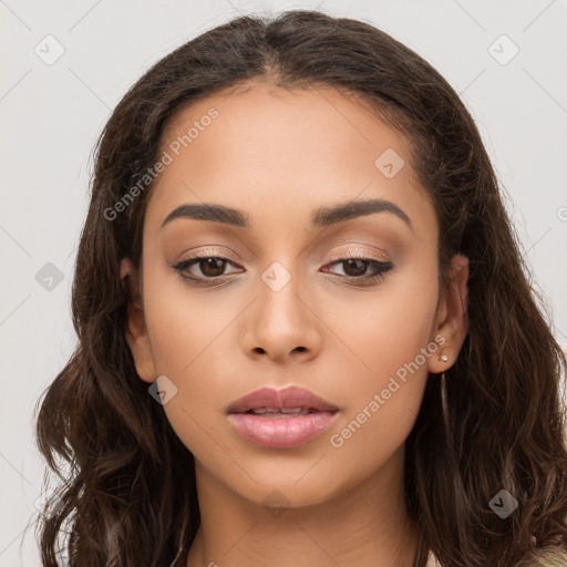 Neutral white young-adult female with long  brown hair and brown eyes