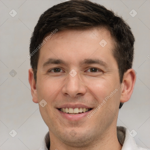 Joyful white young-adult male with short  brown hair and brown eyes