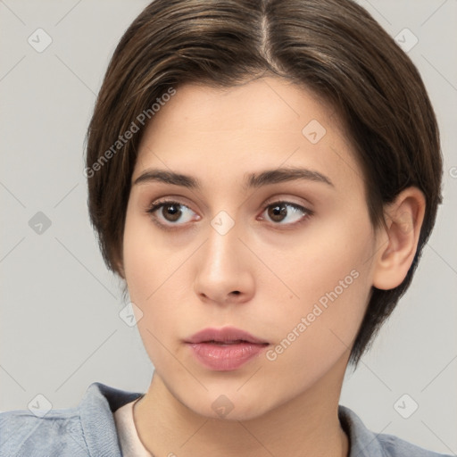 Neutral white young-adult female with medium  brown hair and brown eyes