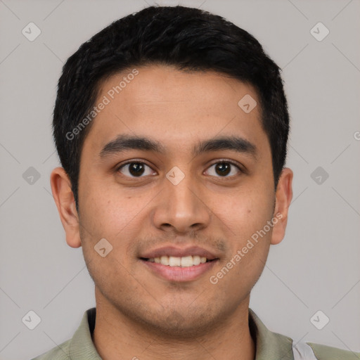 Joyful latino young-adult male with short  brown hair and brown eyes