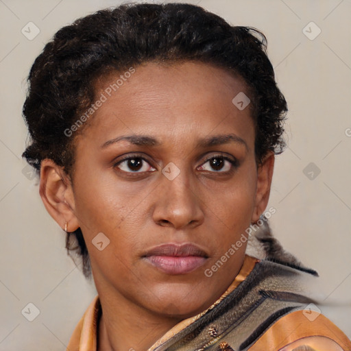 Neutral black young-adult female with short  brown hair and brown eyes