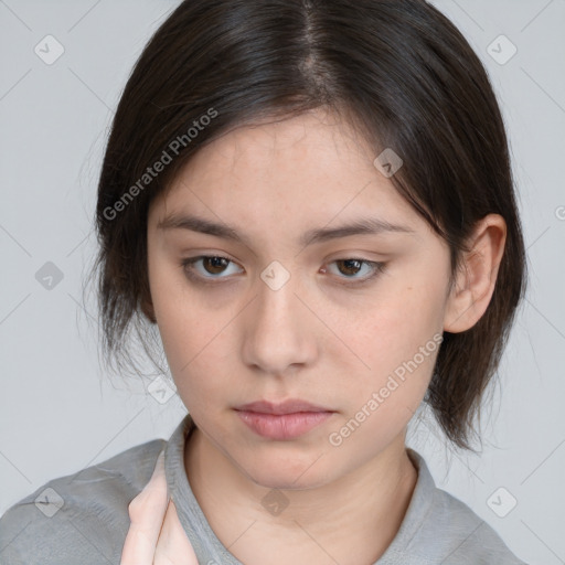 Neutral white young-adult female with medium  brown hair and brown eyes