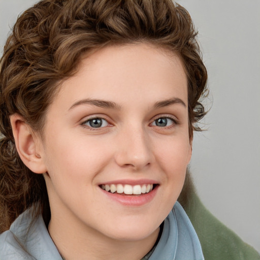 Joyful white young-adult female with medium  brown hair and green eyes