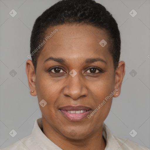 Joyful latino adult female with short  brown hair and brown eyes