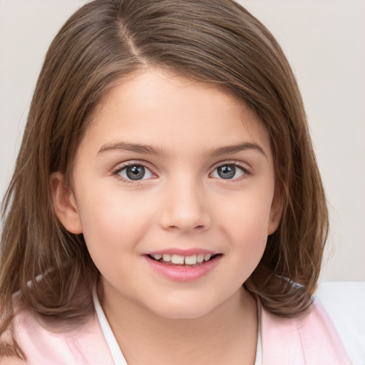 Joyful white child female with medium  brown hair and brown eyes