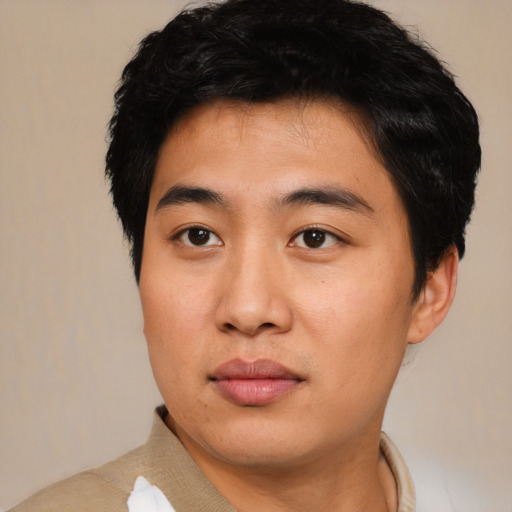 Joyful asian young-adult male with short  brown hair and brown eyes
