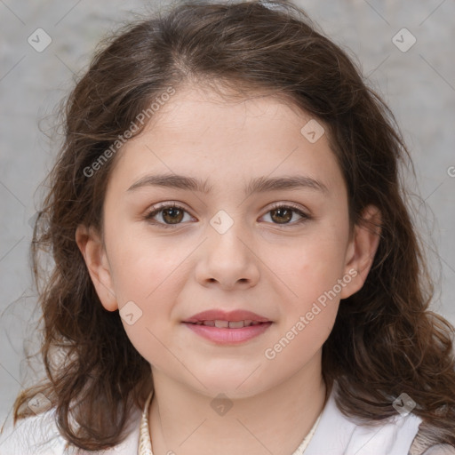 Joyful white child female with medium  brown hair and brown eyes