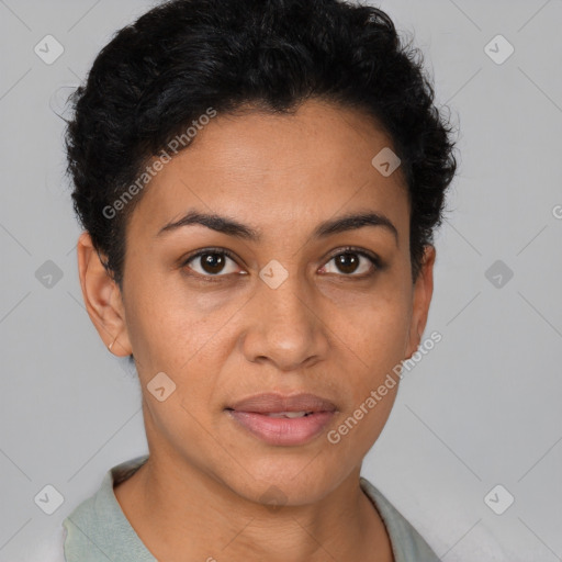 Joyful latino young-adult female with short  brown hair and brown eyes