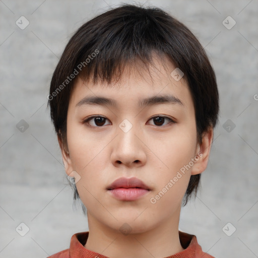 Neutral white young-adult female with medium  brown hair and brown eyes