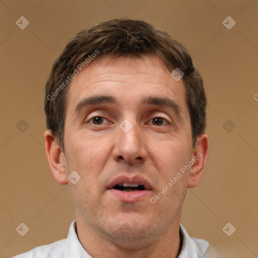 Neutral white adult male with short  brown hair and brown eyes