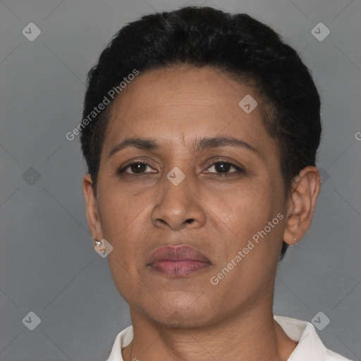 Neutral black adult female with short  black hair and brown eyes