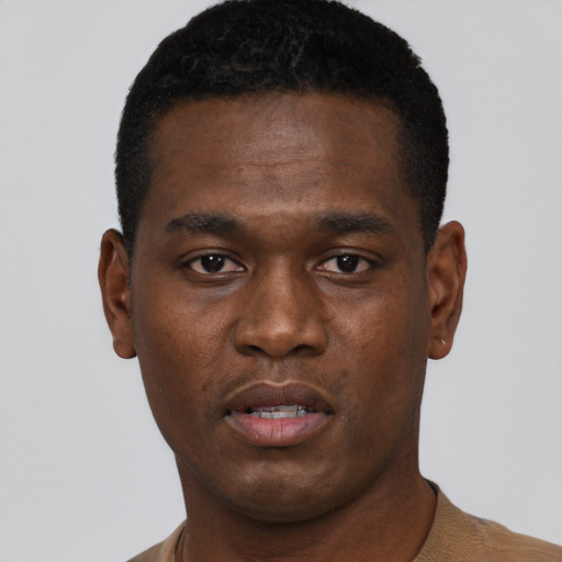 Neutral black young-adult male with short  black hair and brown eyes