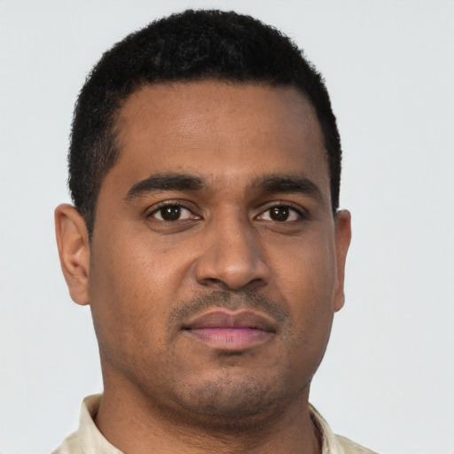 Neutral black young-adult male with short  brown hair and brown eyes
