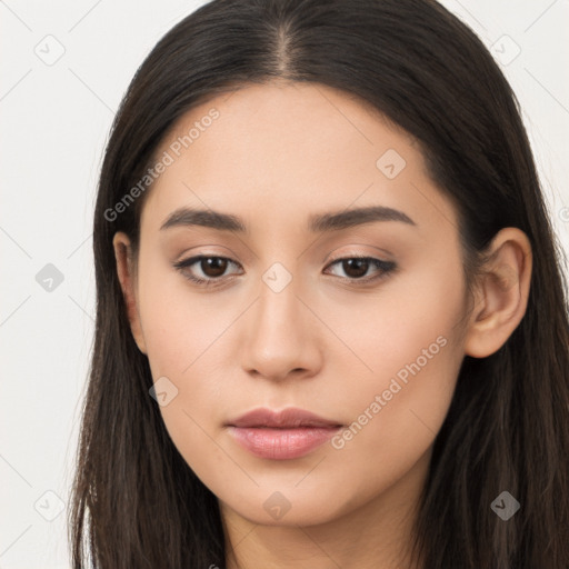 Neutral asian young-adult female with long  brown hair and brown eyes