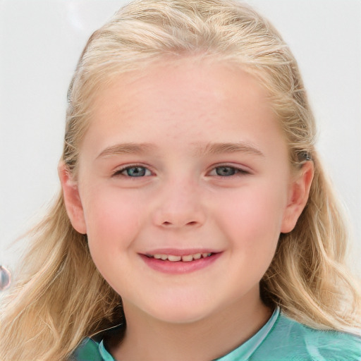 Joyful white child female with medium  blond hair and blue eyes