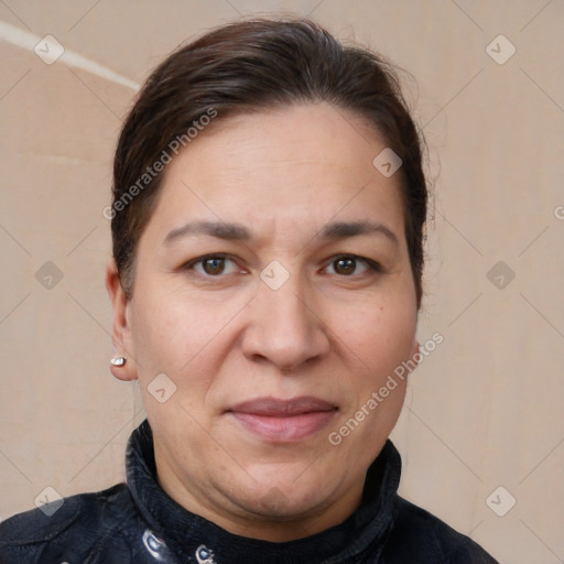 Joyful white adult female with short  brown hair and brown eyes