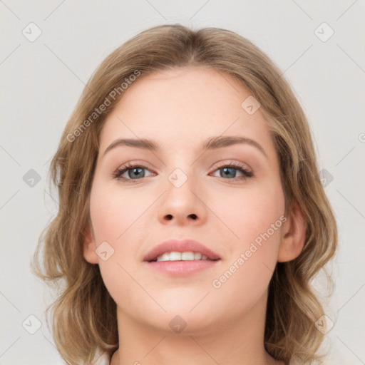 Neutral white young-adult female with medium  brown hair and grey eyes