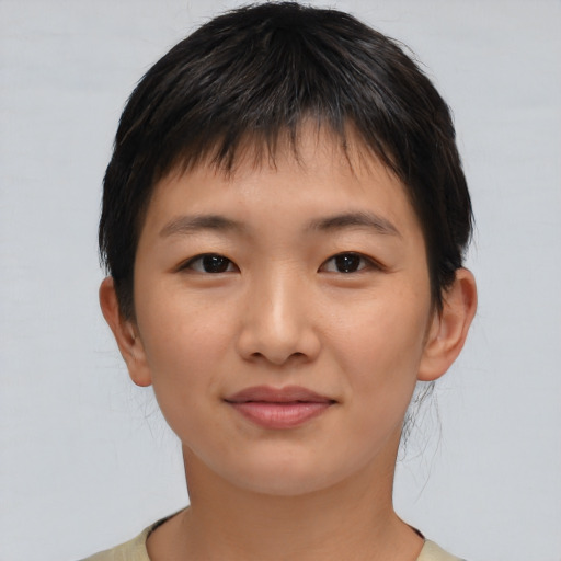 Joyful asian young-adult female with short  brown hair and brown eyes