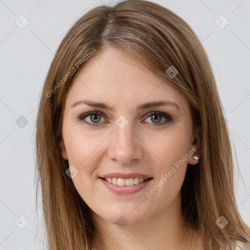 Joyful white young-adult female with long  brown hair and green eyes