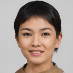 Joyful asian young-adult female with short  black hair and brown eyes