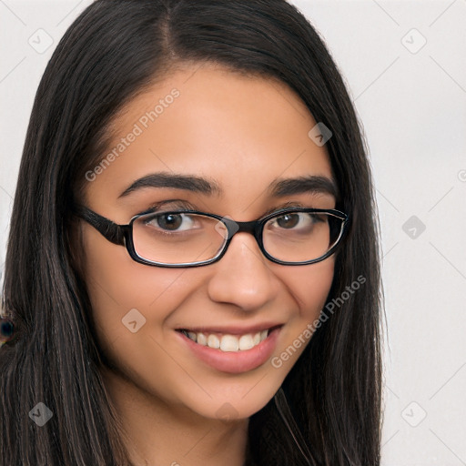 Joyful latino young-adult female with long  brown hair and brown eyes