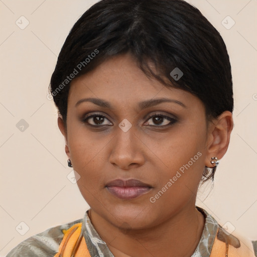 Neutral latino young-adult female with short  brown hair and brown eyes