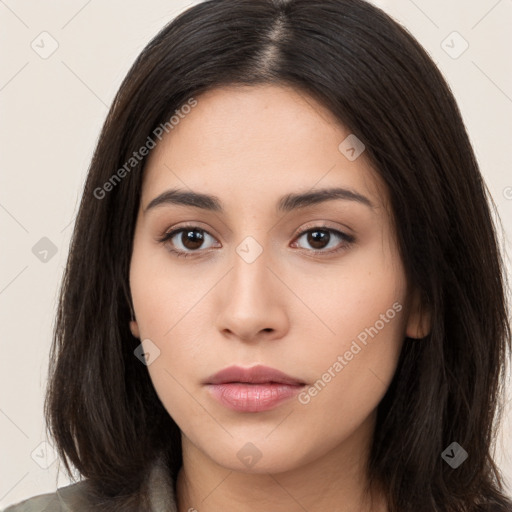 Neutral white young-adult female with long  brown hair and brown eyes