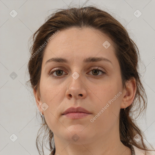 Neutral white young-adult female with medium  brown hair and brown eyes