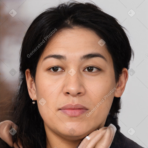 Joyful white young-adult female with medium  brown hair and brown eyes