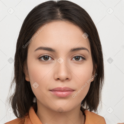 Neutral white young-adult female with medium  brown hair and brown eyes