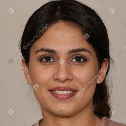 Joyful white young-adult female with medium  brown hair and brown eyes