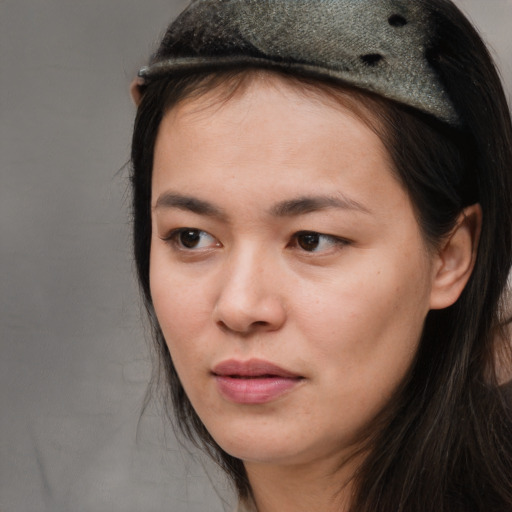 Neutral asian young-adult female with medium  brown hair and brown eyes