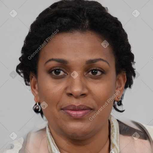 Joyful black adult female with short  brown hair and brown eyes