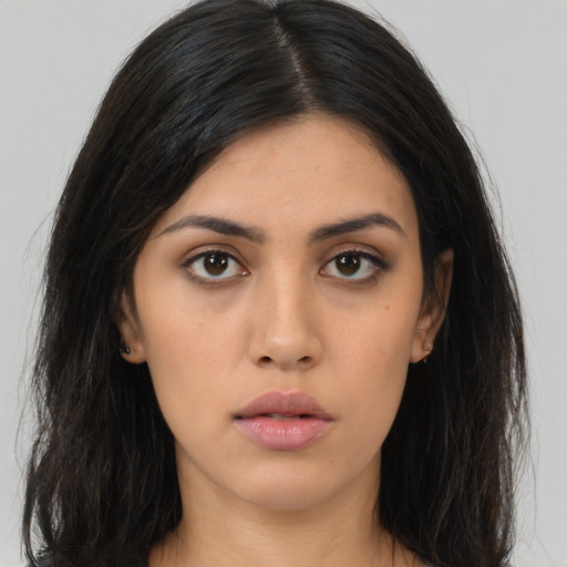Neutral asian young-adult female with long  black hair and brown eyes