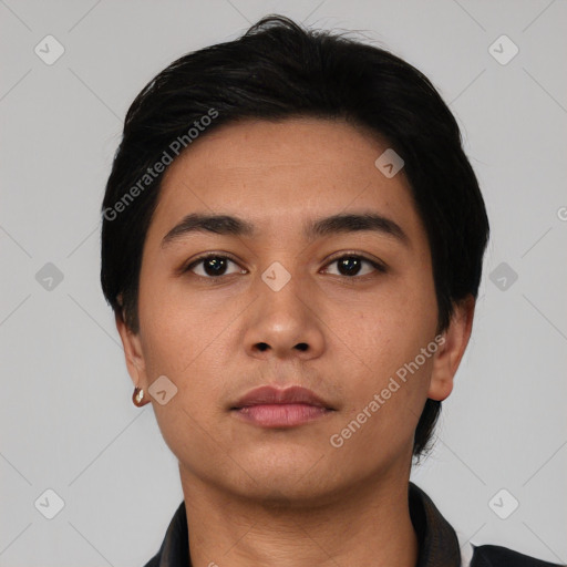 Neutral asian young-adult male with short  black hair and brown eyes