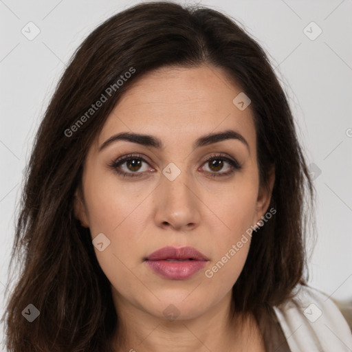 Neutral white young-adult female with long  brown hair and brown eyes