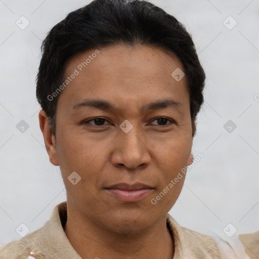 Joyful asian adult male with short  brown hair and brown eyes