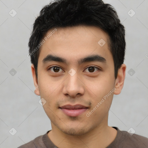 Neutral latino young-adult male with short  black hair and brown eyes