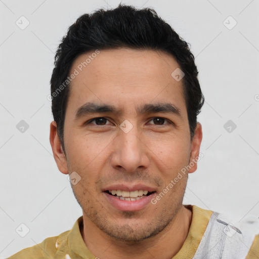 Joyful white young-adult male with short  black hair and brown eyes