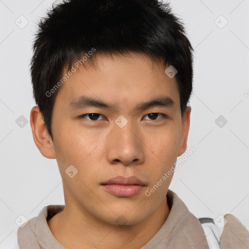 Neutral asian young-adult male with short  brown hair and brown eyes