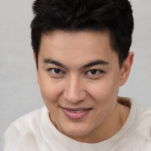 Joyful asian young-adult male with short  brown hair and brown eyes