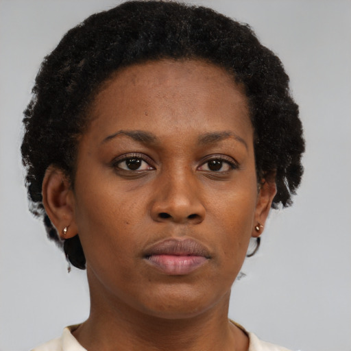Neutral black young-adult female with short  brown hair and brown eyes