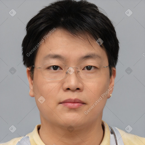 Neutral asian young-adult male with short  brown hair and brown eyes